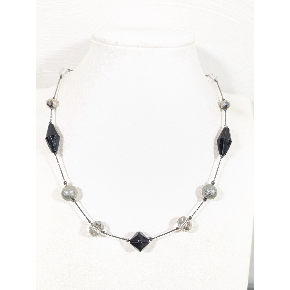 Black Gray Clear Bead Station Necklace 19 in Gothic Y2K Whimsigoth Dainty